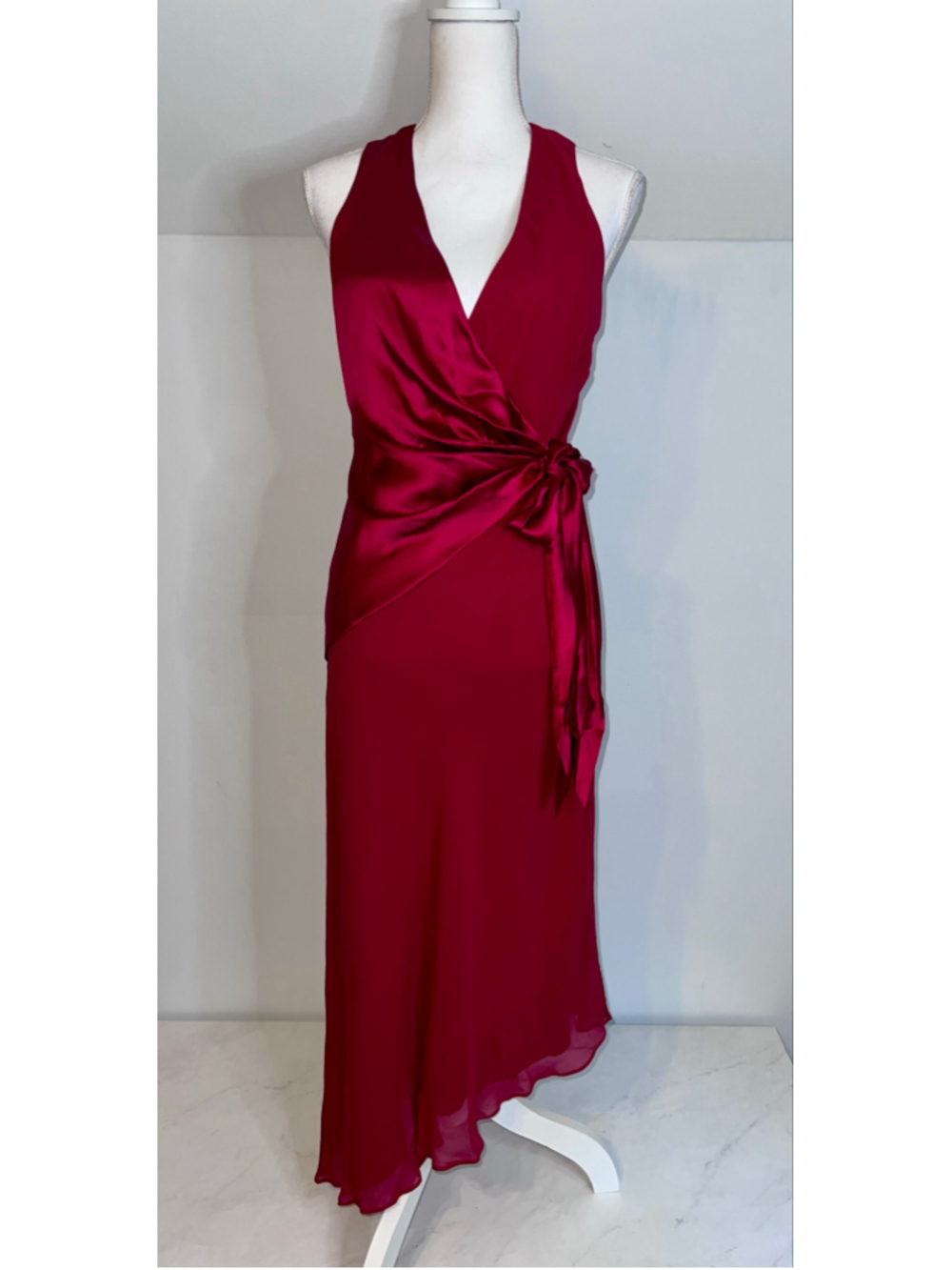 VTG 100% Silk Red Side Wrap Midi Dress Size 8